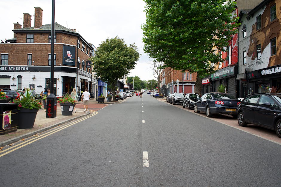 A quiet street scene on Kentish Town Road in NW5, featuring parked cars lining the right sidewalk and a mix of commercial buildings on both sides, including a pharmacy and local shops, with pedestrians strolling along the pavement. The road surface appears clean and well-maintained, with visible lane markings, and small planters with flowers are placed along the sidewalk. Trees with lush green foliage are positioned intermittently along the street, providing shade and greenery. The overall environment looks tidy and inviting, characteristic of an urban commercial area, with natural daylight illuminating the scene. This image is representative of a typical street available for local tips on surface cleaning and urban maintenance, reflecting the kind of environmental hygiene upkeep provided by Kentish Town Carpet Cleaners.