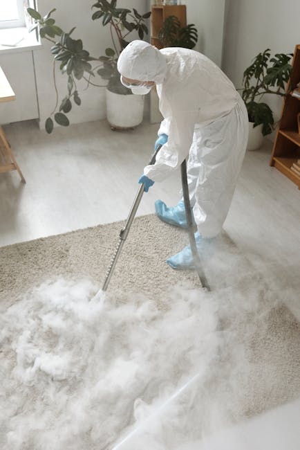 Three professional cleaners equipped with vacuum, mop, and cleaning cloths standing in a modern living room with a dark-colored sofa, two large windows, and a wooden accent wall. The room features til